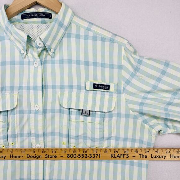 COLUMBIA Top Womens M PFG SUPER BAHAMA Plaid Roll Tab Fishing Button Down White - Picture 15 of 16